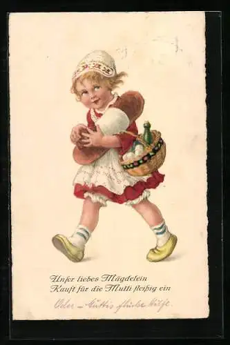 Künstler-AK Mädchen mit Einkaufskorb