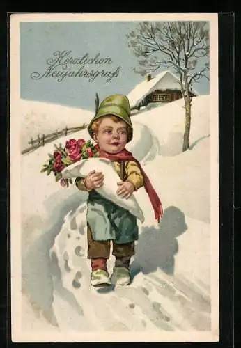 AK Junge trägt einen Strauss Rosen durch den Schnee, Neujahr