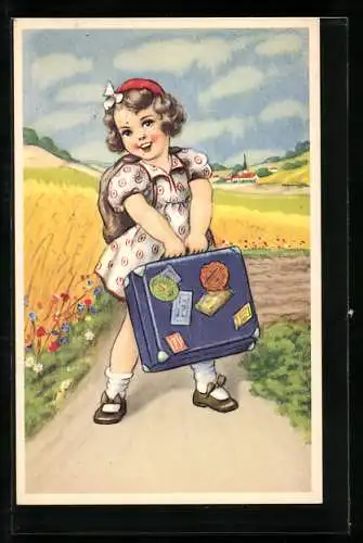 Künstler-AK Mädchen mit Koffer