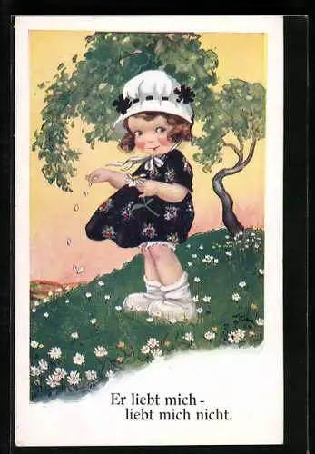 AK Mädchen auf Wiese beim Blumenorakel