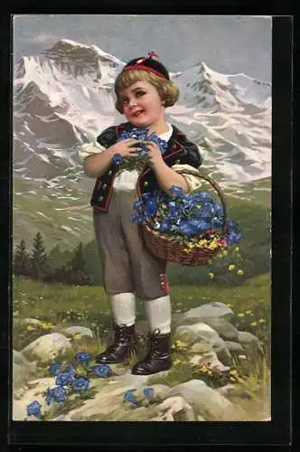 AK kleiner Junge mit Blumenkorb