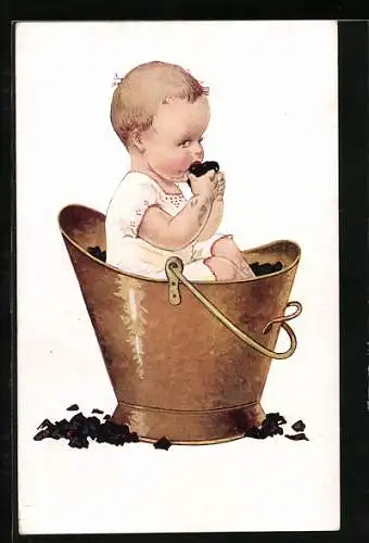 Künstler-AK Baby im Waschzuber