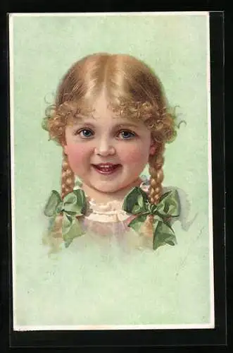 AK Lachendes Mädchen mit geflochtenen Zöpfen und Schleifen