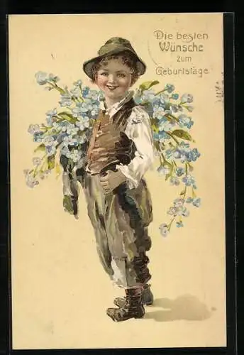 Künstler-AK Knabe in Tracht mit Blumen