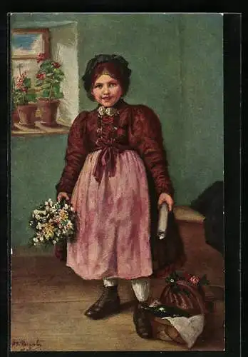 Künstler-AK Mädchen in Tracht mit Blumen
