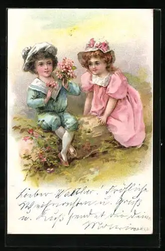 AK Fröhliche Pfingsten, Zwei Kinder sitzen auf einem Baumstamm