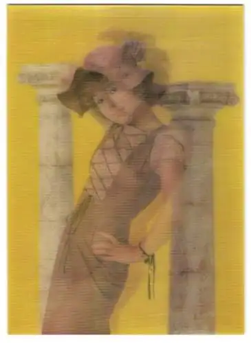 3D-AK Schöne Frau im Kleid mit Hut und nackt