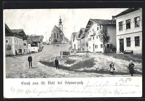 AK St. Veit im Pongau, Ortsansicht mit Strassenpartie und Blick zur Kirche, Kinder