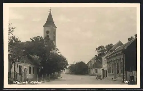 AK Probstdorf, Strassenpartie mit Kirchturm