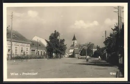 AK Gross-Enzersdorf, Probstdorf, Strassenpartie mit Kirche