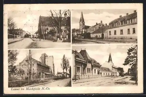 AK Lassee im Marschfelde, Fabrik, Strassenpartien an der Kirche