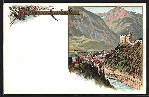 Lithographie Landeck, Teilansicht mit Burg