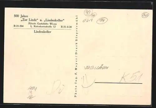 AK Wien, Gasthaus zur Linde und Lindenkeller, Rotenturmstrasse 12, Zapfhähne am Bierausschank