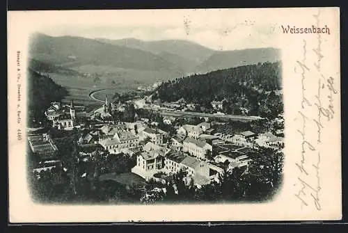 AK Weissenbach an der Triesting, Panorama mit Eisenbahnlinie