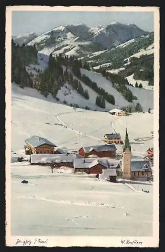 AK Jungholz i. Tirol, Ortsansicht mit Kirche aus der Vogelschau