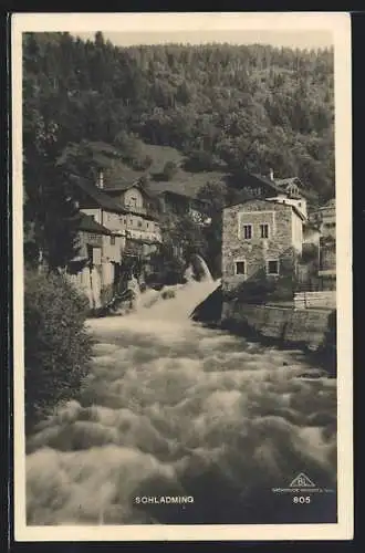 AK Schladming, Ortsansicht mit Wasserfall