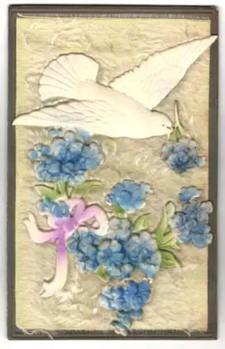 Relief-AK Weisse Taube und Blumen auf langflorigem Gewebe