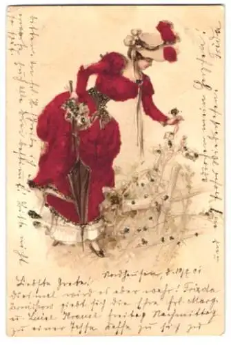 AK Dame in elegantem Kleid aus rotem Velours