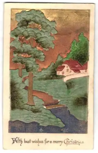 Relief-AK Haus am Fluss bei Abendstimmung