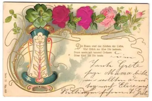 Stoff-Präge-AK Blumen und Glücksklee