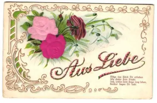 Stoff-Präge-AK Blühende rosa Rosen