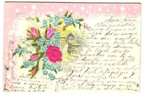 Stoff-Präge-AK Blühende Blumen, Mühle