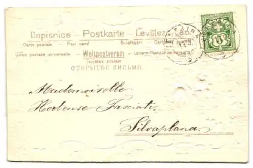 Stoff-Präge-AK Blühende Blumen und Vögel