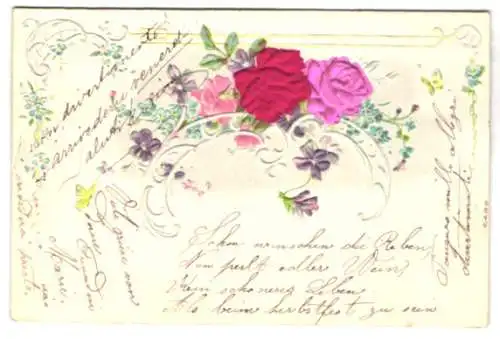 Stoff-Präge-AK Blühende rosa Rosen