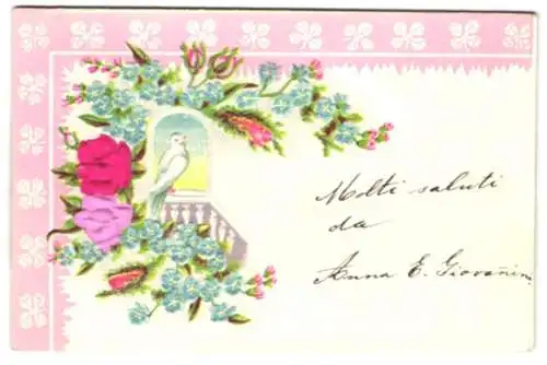 Stoff-Präge-AK Blumen und weisse Taube