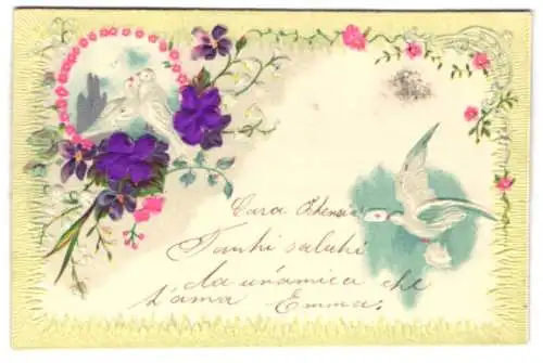 Stoff-Präge-AK Blumen und weisse Tauben mit Brief
