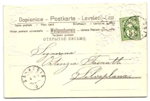 Stoff-Präge-AK Blühende Blumen mit Schleife