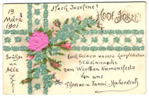 Stoff-Präge-AK Blühende Blume und blaue Blümchen