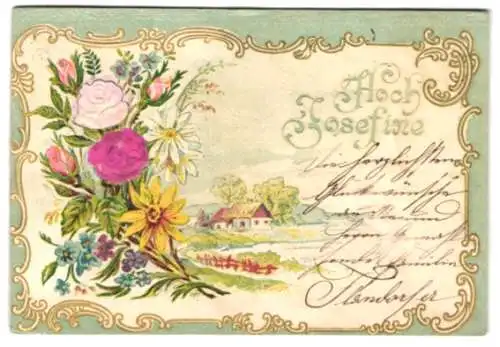 Stoff-Präge-AK Blumenstrauss, Häuschen mit Feldern