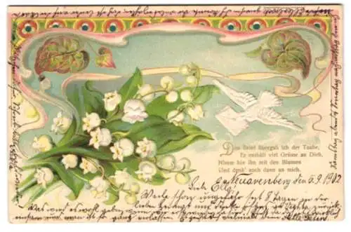 Stoff-Präge-AK Brieftaube und Maiglöckchen aus echtem Stoff