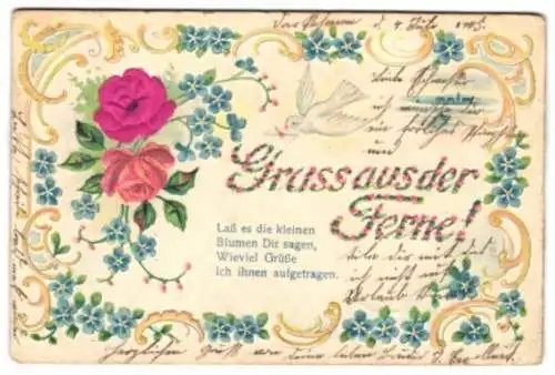 Stoff-Präge-AK Blühende Rosen, Weisse Taube mit Brief