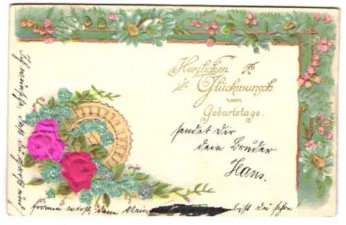 Stoff-Präge-AK Blühende bunte Blumen