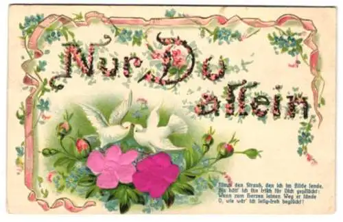 Stoff-Präge-AK Nur Du allein, 2 turdelnde Tauben auf Stoffblumen