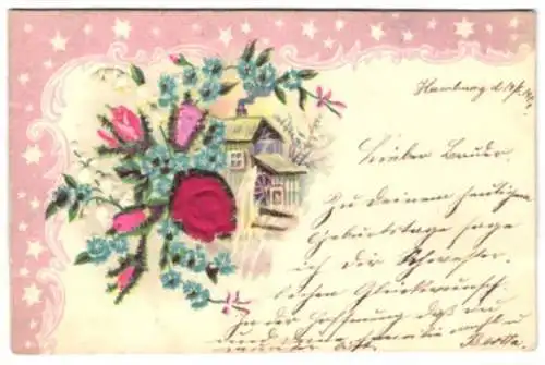 Stoff-Präge-AK Wassermühle mit Blumenarrangement mit Rosen aus Stoff als Passepartout
