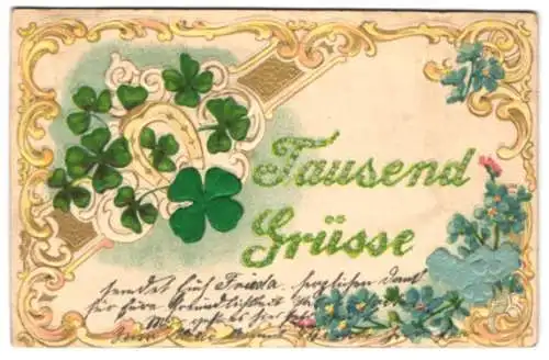 Stoff-Präge-AK Glückskleeblätter und Vergissmeinnicht, eines von jedem aus Stoff