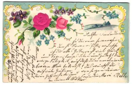 Stoff-Präge-AK Landschaftsbild und Rose aus Stoff