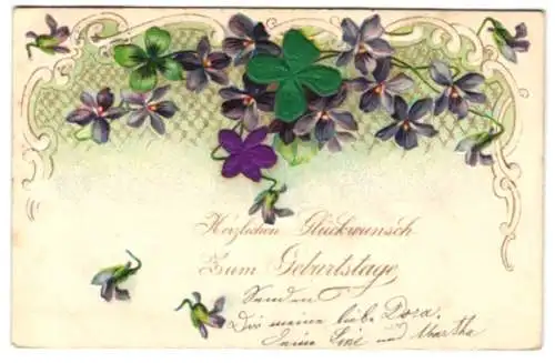 Stoff-Präge-AK Glücksklee und lila-farbene Blüten, jeweils ein Exemplar aus Stoff