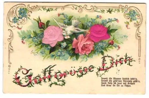 Stoff-Präge-AK Taube auf einem Blumenstrauch mit zwei Rosen aus Stoff