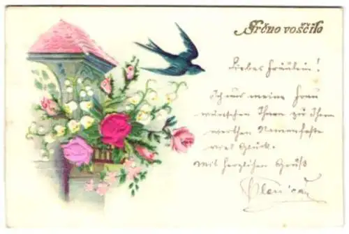 Stoff-Präge-AK Blumen auf einem Balkon, zwei Rosen aus Stoff