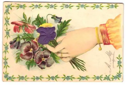 Stoff-Präge-AK Hand mit Armreif und geprägten Blumen, Blüte aus Stoff