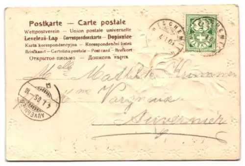 Stoff-Präge-AK Hand mit Armreif und geprägten Blumen, Blüte aus Stoff