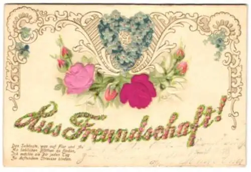 Stoff-Präge-AK Herz aus Vergissmeinnicht, zwei Rosen aus Stoff, Freundschaftskarte