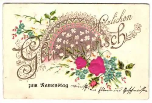 Stoff-Präge-AK Blumengesteck mit zwei Rosen aus Stoff, Karte zum Namenstag