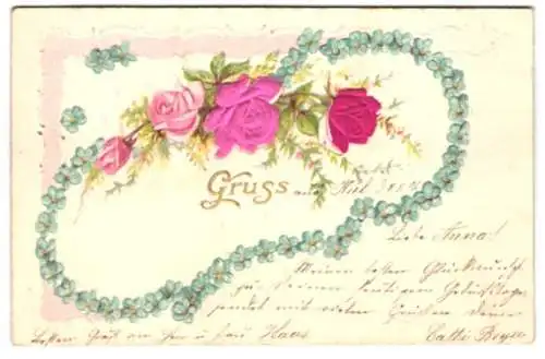 Stoff-Präge-AK Kette aus Vergissmeinnicht und zwei Rosen aus Stoff