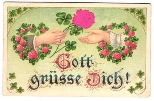 Stoff-Präge-AK Eine Hand überreicht der anderen eine Rose aus Stoff