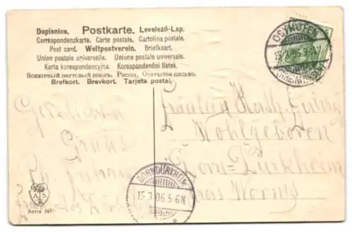 Stoff-Präge-AK Eine Hand überreicht der anderen eine Rose aus Stoff